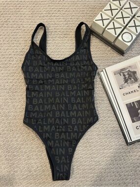 Balmain Black Logo Scoop Back One-Piece